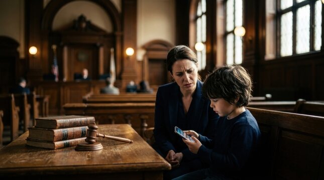 Courtroom interior with a wooden gavel, law books, a child holding a smartphone, and a concerned parent seated nearby, lit by high windows and framed by polished benches to symbolize debate over