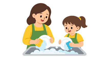 Obraz premium Mother and daughter washing dishes together at kitchen sink