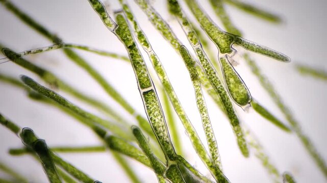 Microscopic view of Marimo moss ball filaments under magnification 