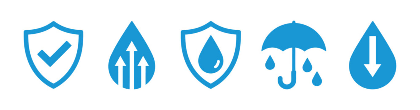 Waterproof and water resistance icon collection, splash proof, liquid protection, durability and weatherproof symbols for product labels, packaging and technical documentation.