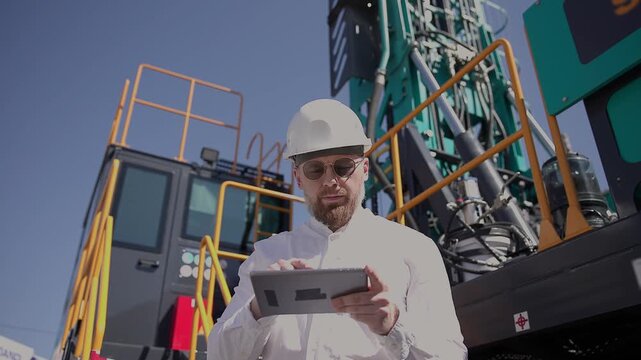 Concept smart online Industry, Offshore worker inspect with tablet drilling rig for exploration of minerals for oil, gas and artisan water.