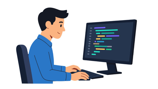 Man working at computer with code on screen vector illustration