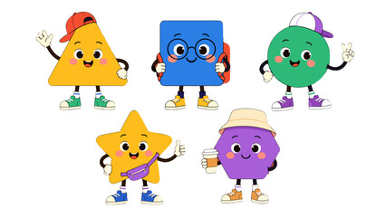Obraz premium Cute geometric shape cartoon characters set in colorful vector style