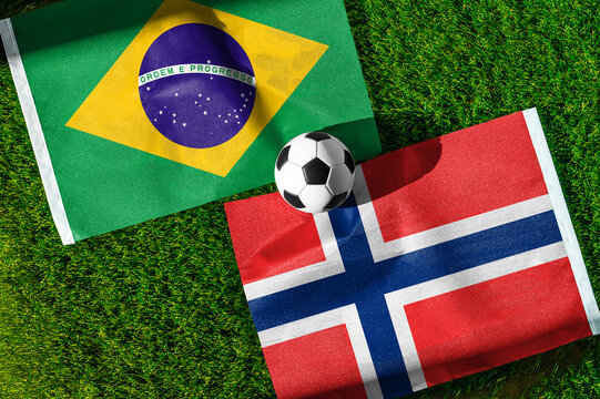 Brazil vs Norway, national flags before international football tournament Round of 16 match, football on green grass with stadium in the background, East Rutherford, New Jersey, USA, July 5, 2026