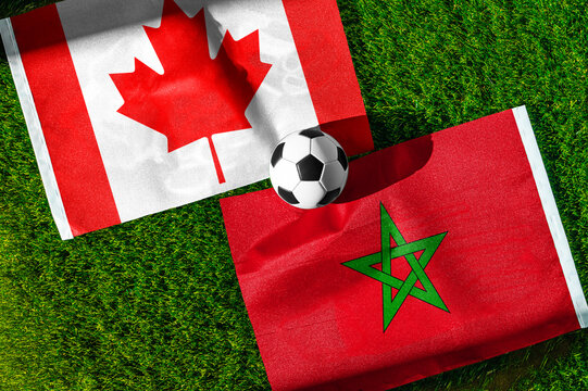 Canada vs Morocco, national flags before international football tournament Round of 16 match, football on green grass with stadium in the background, Houston, Texas, USA, July 4, 2026