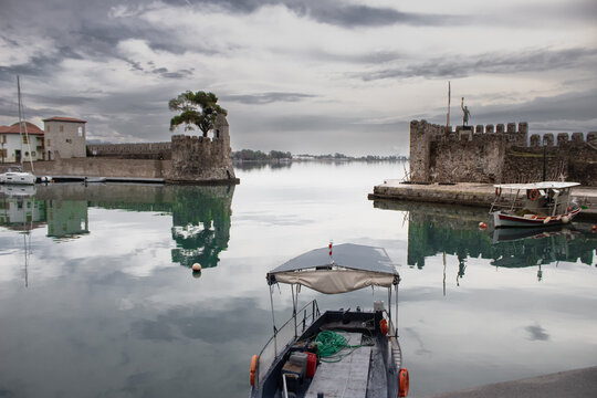 Rainy day at the Venetian port of Nafpaktos, Greece