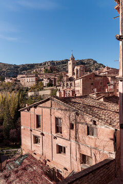 Albarrac&iacute;n medieval town architecture showcasing ancient red buildings