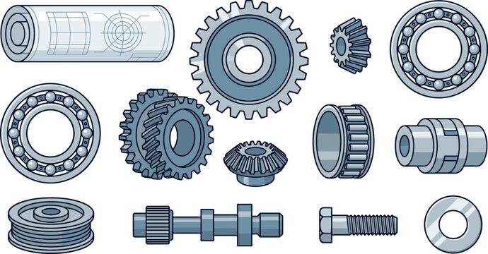 machinery spare parts collection featuring steel cogs bevel gears ball bearings roller mechanism and technical draft project icon