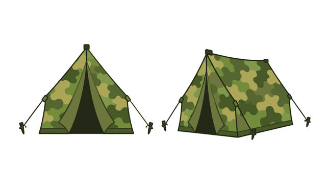 Green camouflage tent cartoon vector illustration set