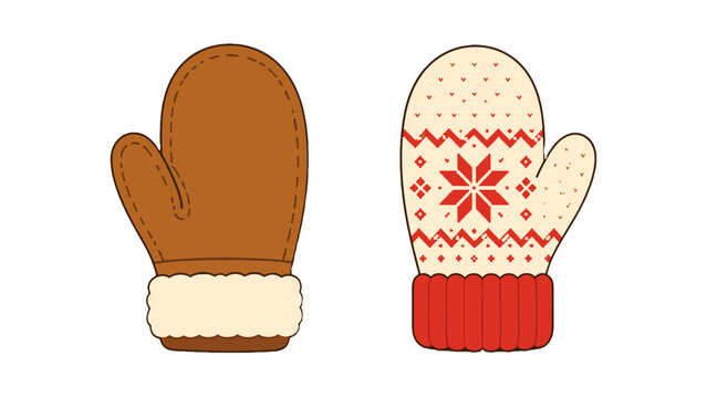 Pair of winter mittens with knit pattern and fur cuff
