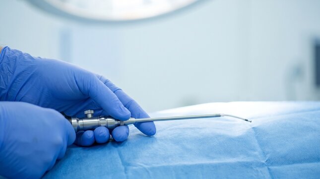Gloved hands holding a rigid endoscope on a sterile surgical drape in an operating room, representing minimally invasive surgery, endoscopy and modern medical diagnostics.