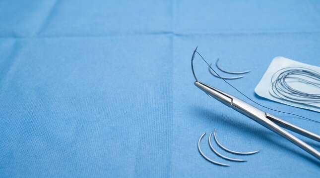 Surgical needle holder gripping suture needle with thread on blue sterile drape, with curved needles and suture pack prepared for operation