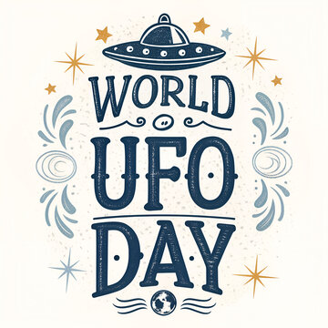 World ufo day hand drawn lettering design with flying saucer and earth.