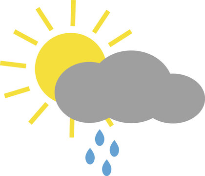Sun behind rain cloud flat icon. Sun showers weather forecast vector illustration with raindrops