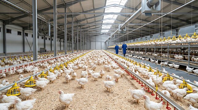 Large-scale poultry farm with chickens in rows industry setting indoors