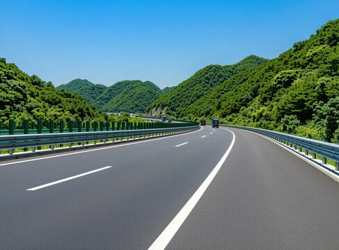 Empty highway road curving through green mountains under blue sky. Trucks travel on asphalt way with guardrails. Scenic route for journeys and transportation.
