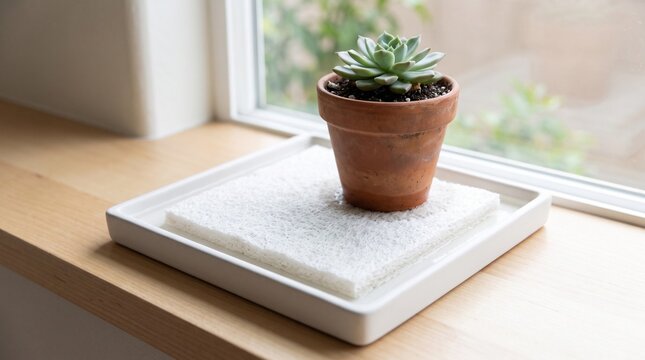 Small succulent in a terracotta pot on an absorbent pad by a bright window. Perfect for indoor plant care concepts.