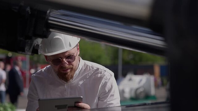 Hydraulic engineer with tablet computer doing safety check on cylinder piston of truck industrial machine of mining.