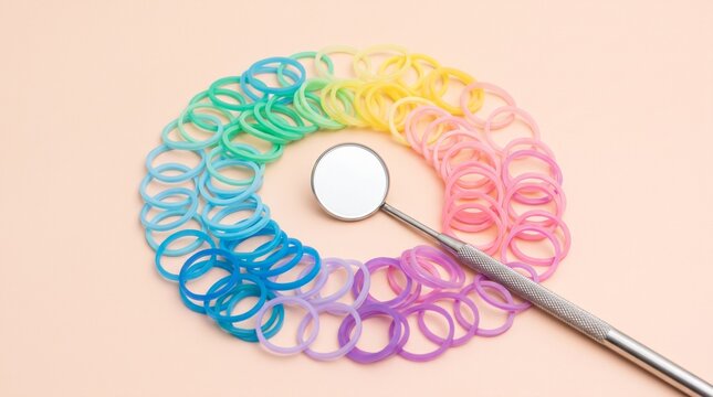 Orthodontics. Dental mirror surrounded by colorful orthodontic elastic ligatures in a creative circular arrangement