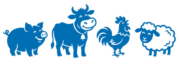 Obraz premium Cute farm animal icon set illustration featuring pig cow rooster and sheep