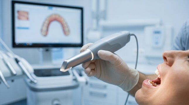 Digital dentistry. Dentist scanning a patient&rsquo;s teeth with an intraoral scanner to create a 3D dental impression for treatment planning in a modern clinic