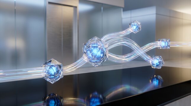 Geometric crystalline objects with connecting light streams 3d rendering