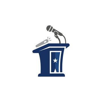 Blue lectern with microphone on top.