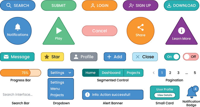 Set of colorful website user interface buttons and navigation elements for mobile apps and web design projects