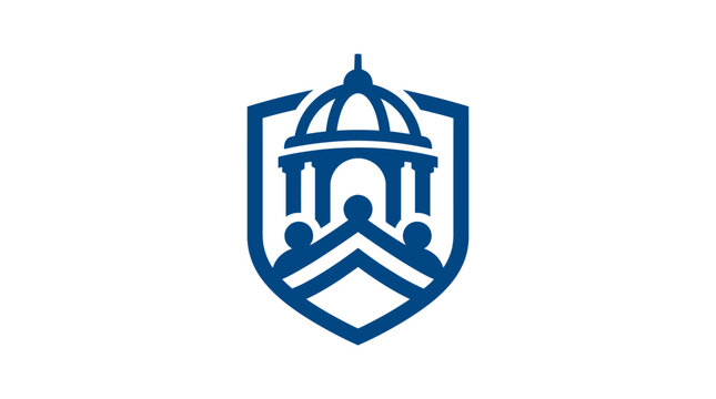 Blue shield with building logo icon.