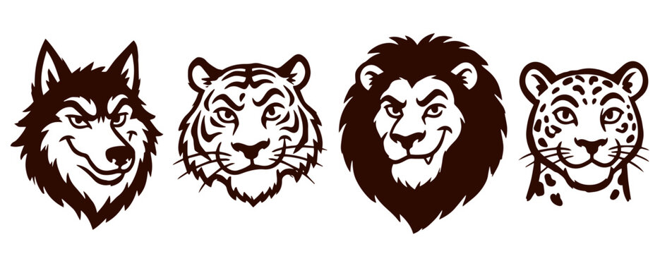 Set of wild animal head illustrations including wolf tiger lion and leopard