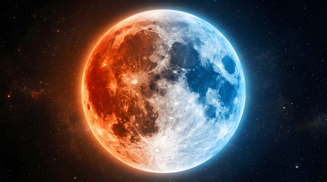Glowing moon with red and blue lunar surface in space