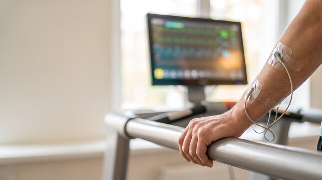 Patient holding a treadmill rail with ECG electrodes attached during a cardiac stress test in a cardiology clinic.