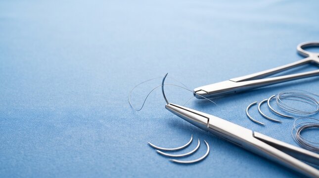 Surgical needle holder gripping suture needle with thread on blue sterile drape, with curved needles and suture pack prepared for operation