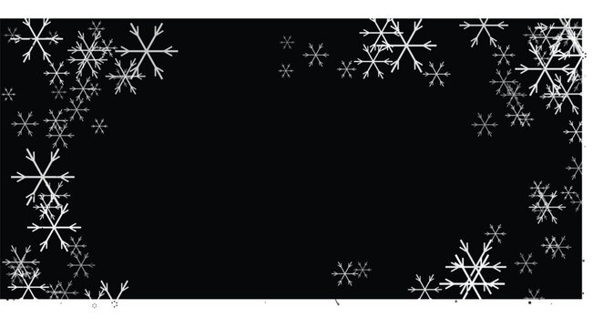 Winter snowflake border on black background, white falling snow crystals frame, elegant Christmas holiday vector illustration, decorative seasonal ice crystal pattern
