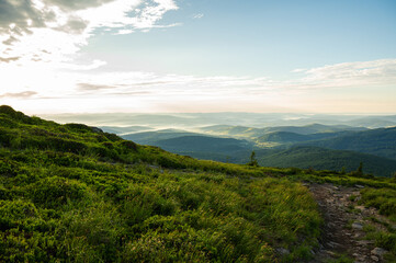 Obraz premium Scenic mountain landscape with green slopes, jagged rocks and a narrow hiking trail. Panoramic view of a vast forest valley and misty peaks. Nature adventure background
