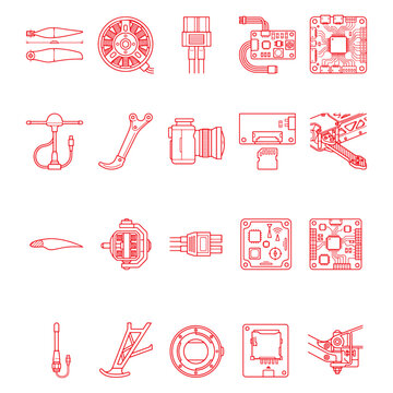 FPV Drone Components and Quadcopter Parts Icon Set, Professional DIY Drone Assembly Brushless Motor Propeller Flight Controller and Frame Bold Linear Vector Illustration
