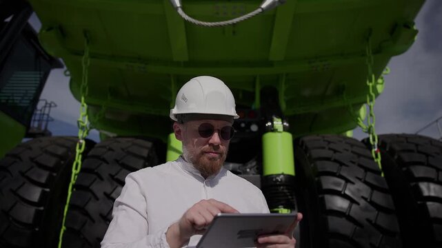 Inspector using tablet to inspect underside of large green haul truck at construction site, Concept Setting up and installing an AI-powered autopilot for mining.
