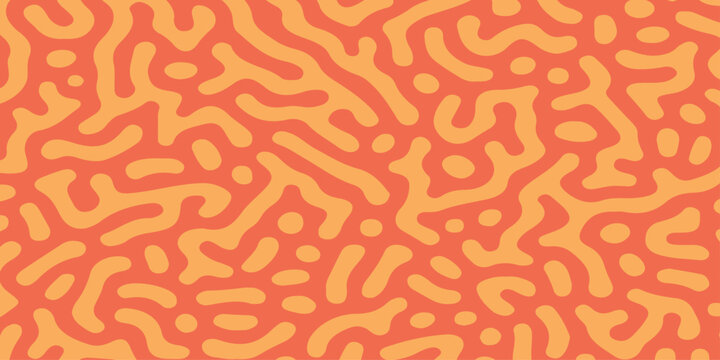 Abstract turing pattern background with orange maze or coral like organic structures on a warm terracotta backdrop. Reaction diffusion organic structures, a bright orange labyrinthine design