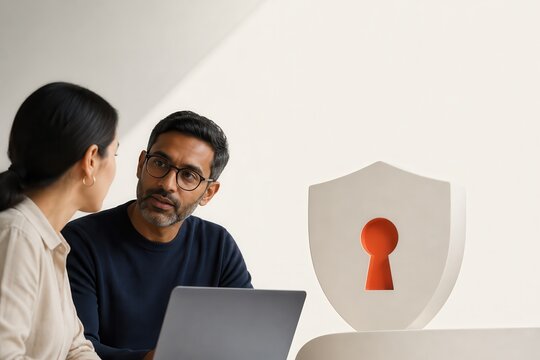 Cybersecurity consultation with laptop and privacy protection concept