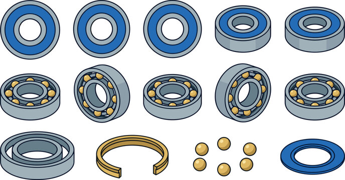 bearings vector set with industrial metal roller mechanism components blue rubber seals and gold metallic steel balls