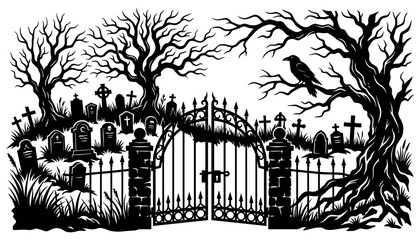 Fototapeta premium Halloween vector illustration of spooky cemetery gate with bare trees and gravestones
