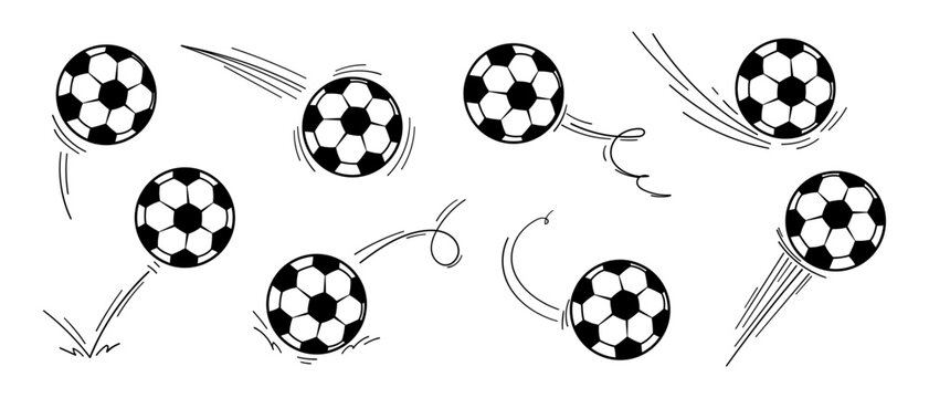Soccer balls fast motion set, Soccer football speed lines, Balls silhouettes isolate on white, World Cup.
