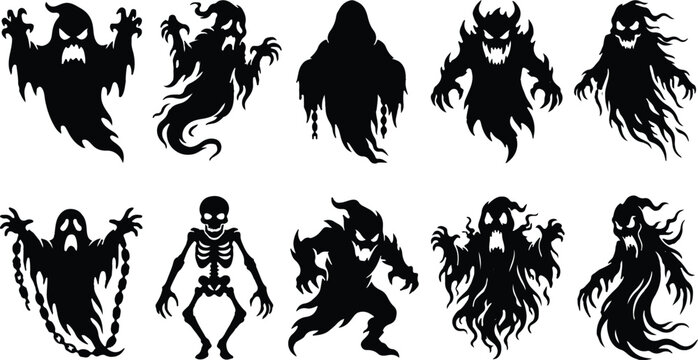 Black silhouettes of spooky monsters and skeleton