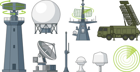 Military Radar Tower and Surveillance System Icon Set with Weather Domes Mobile Missile Defense Truck Dish Antennas and Navigation Scanners © Fahim
