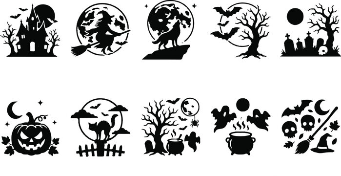 Halloween black silhouettes set with witch, pumpkin, bats and spooky trees