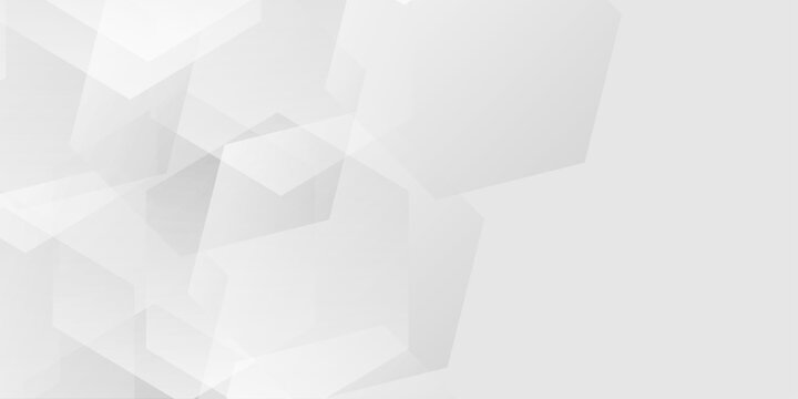 Abstract white and grey geometric background with overlapping translucent hexagon shapes and soft gradients. Subtle pattern of overlapping white and grey translucent hexagons