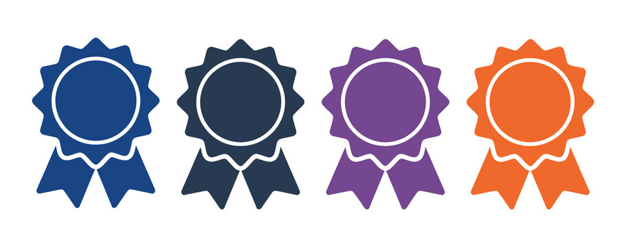 Colorful vector award ribbons collection, blue, purple and red winner rosettes for first place, achievement, excellence, recognition and championship celebrations.