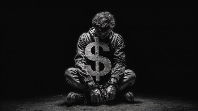 person trapped in financial debt. dark gloomy dystopian atmosphere cbdc currency money control