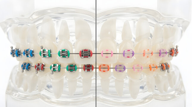 Dental Typodont Model with Metal Braces and Rainbow Colored Elastic Ligatures Demonstrating Orthodontic Treatment Variety