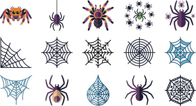 Halloween spiders and webs collection vector graphics for seasonal decorations and spooky designs